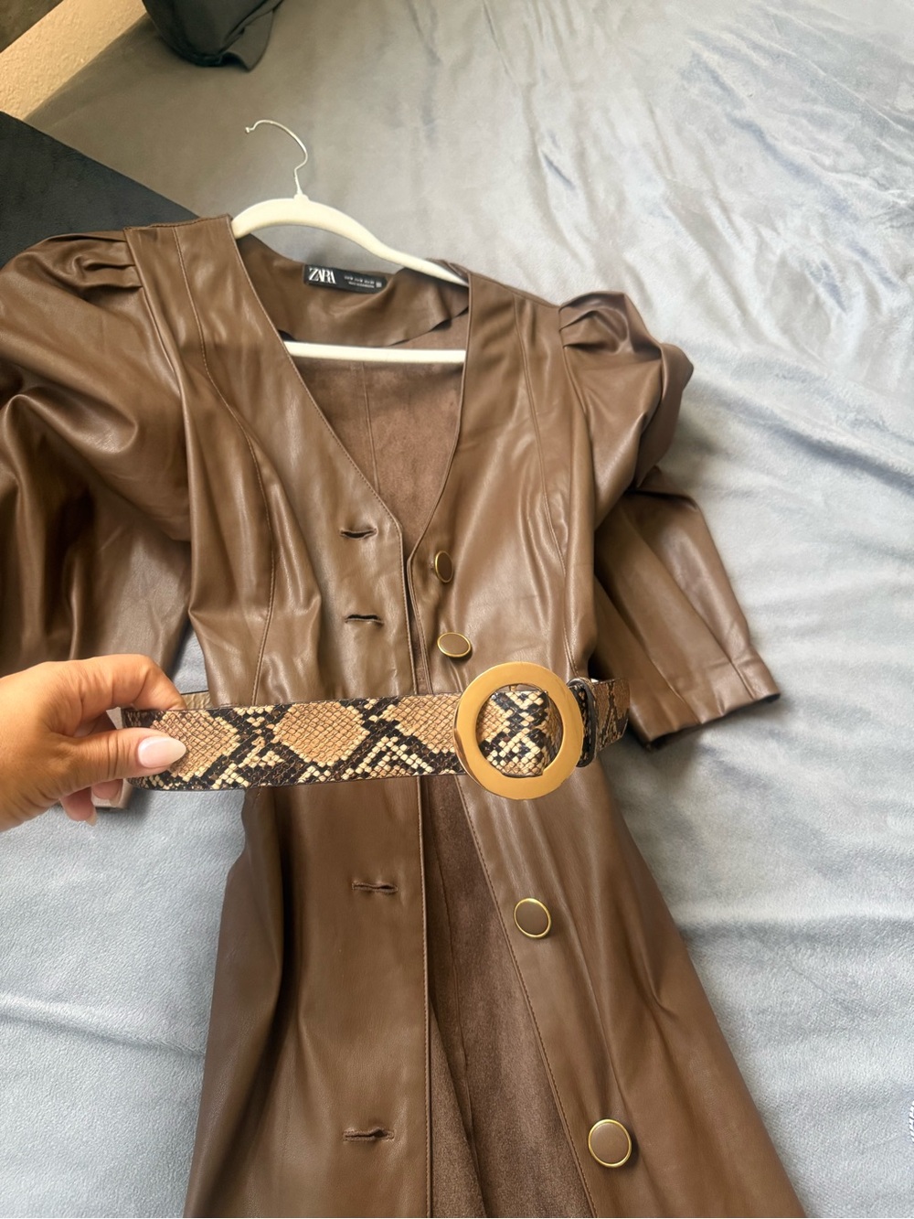 Zara Brown Faux Leather Dress with Snakeskin Waist Belt